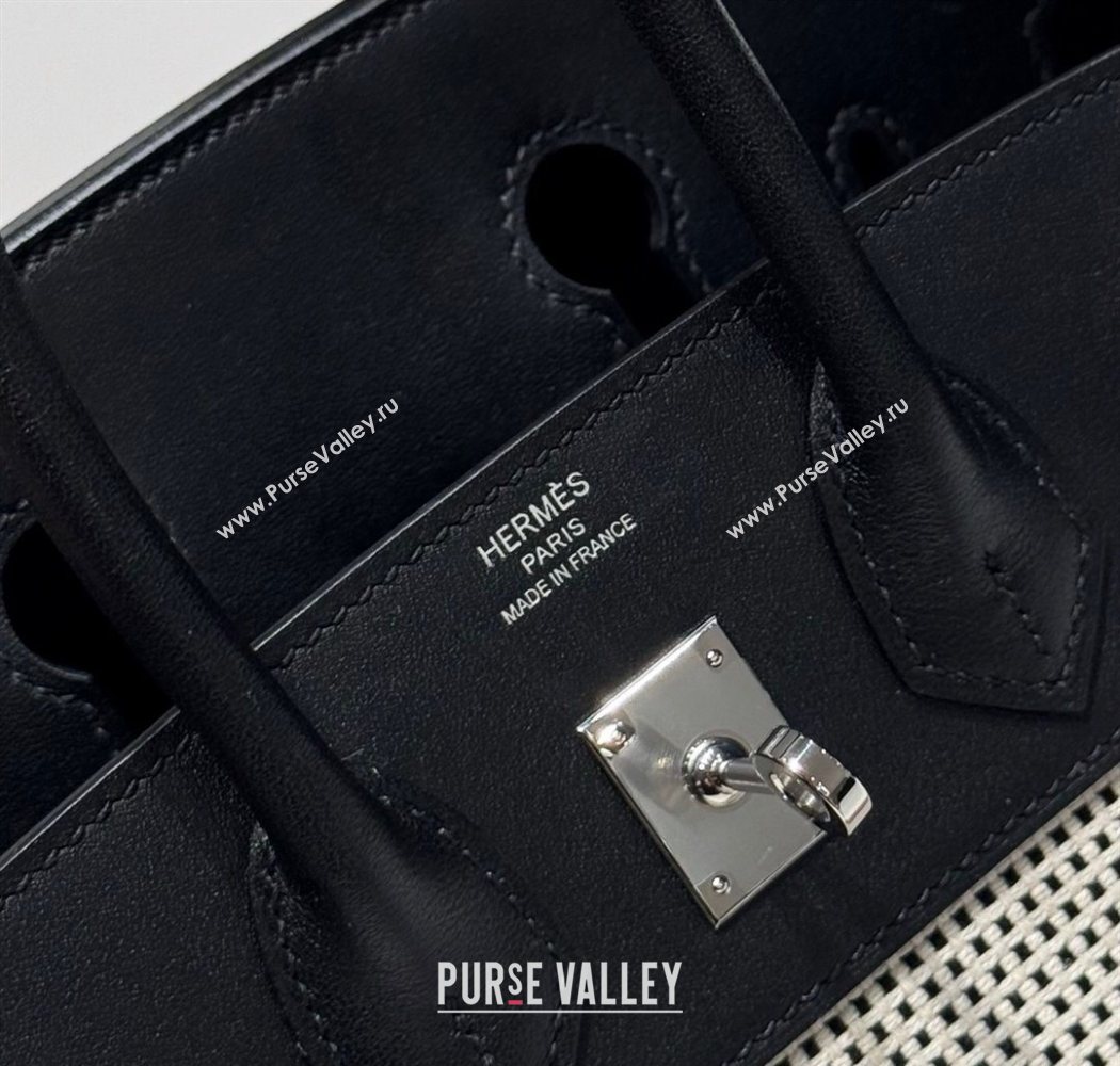 Hermes Birkin 25cm Bag in Waffle Pattern Canvas and Swift Calfskin with Silver Hardware Black/White 2025 (Half Handmade) (FL-250