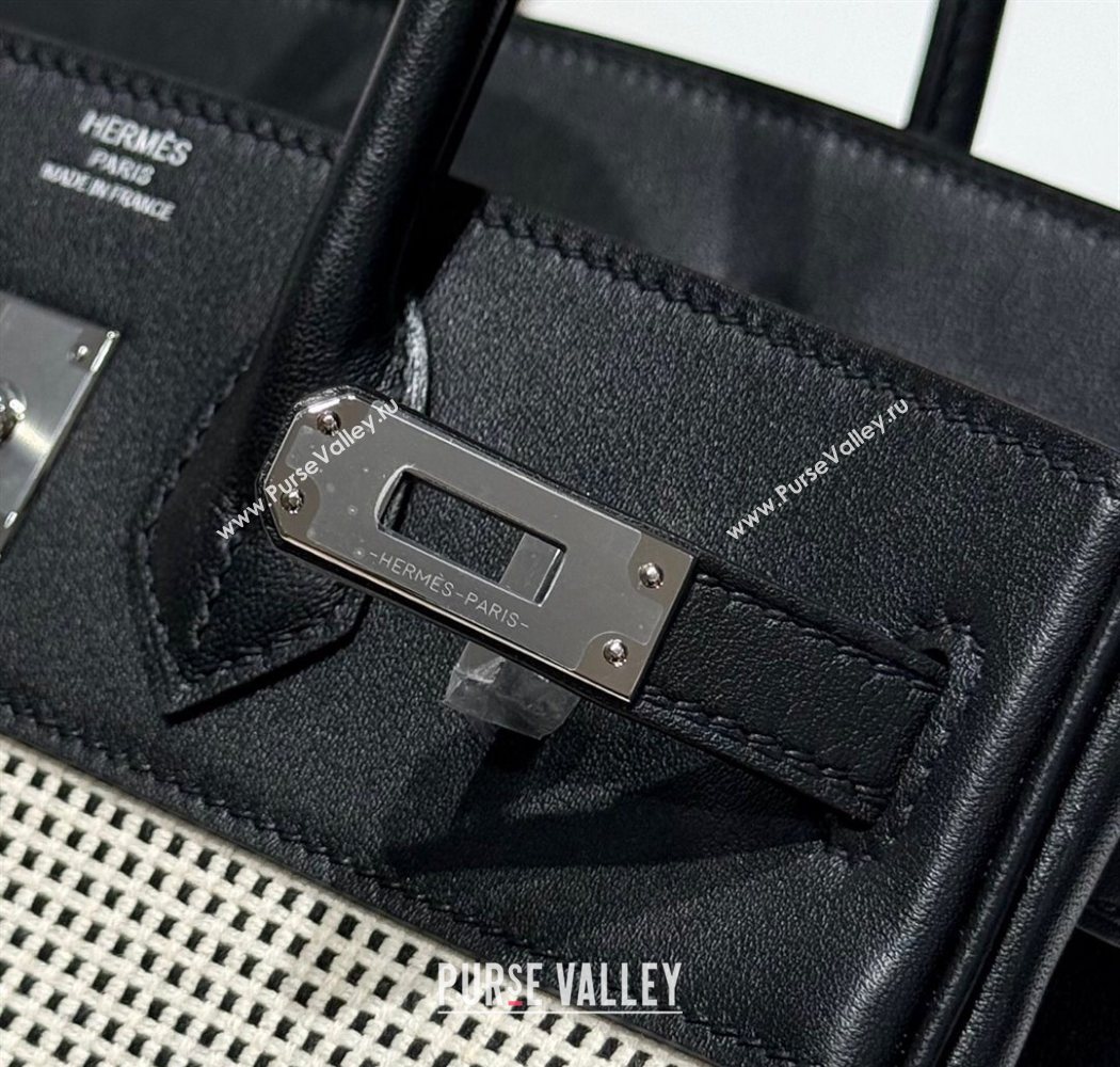 Hermes Birkin 25cm Bag in Waffle Pattern Canvas and Swift Calfskin with Silver Hardware Black/White 2025 (Half Handmade) (FL-250