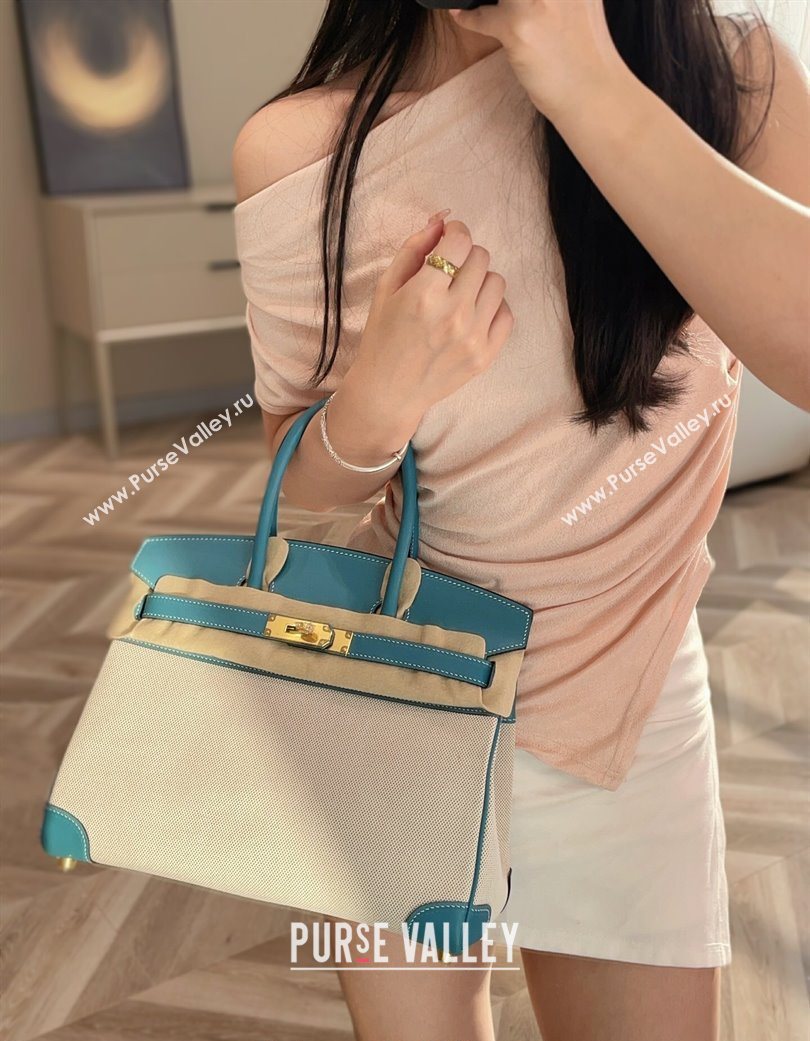 Hermes Birkin 30cm Bag in Canvas and Swift Calfskin with Gold Hardware Denim Blue/Cream White 2025 (Half Handmade) (FL-250701071