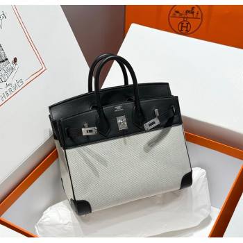 Hermes Birkin 25cm Bag in Canvas and Swift Calfskin Leather with Silver Hardware Black/White 2025 (Half Handmade) (FL-250701092)