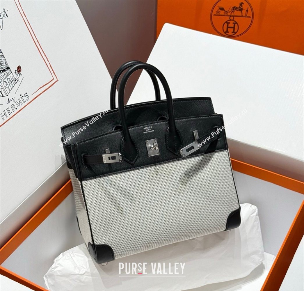 Hermes Birkin 25cm Bag in Canvas and Swift Calfskin Leather with Silver Hardware Black/White 2025 (Half Handmade) (FL-250701092)