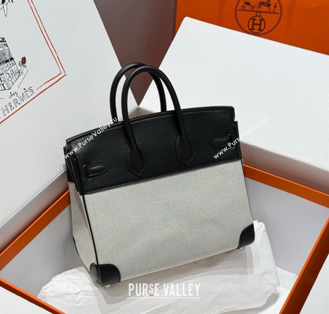 Hermes Birkin 25cm Bag in Canvas and Swift Calfskin Leather with Silver Hardware Black/White 2025 (Half Handmade) (FL-250701092)