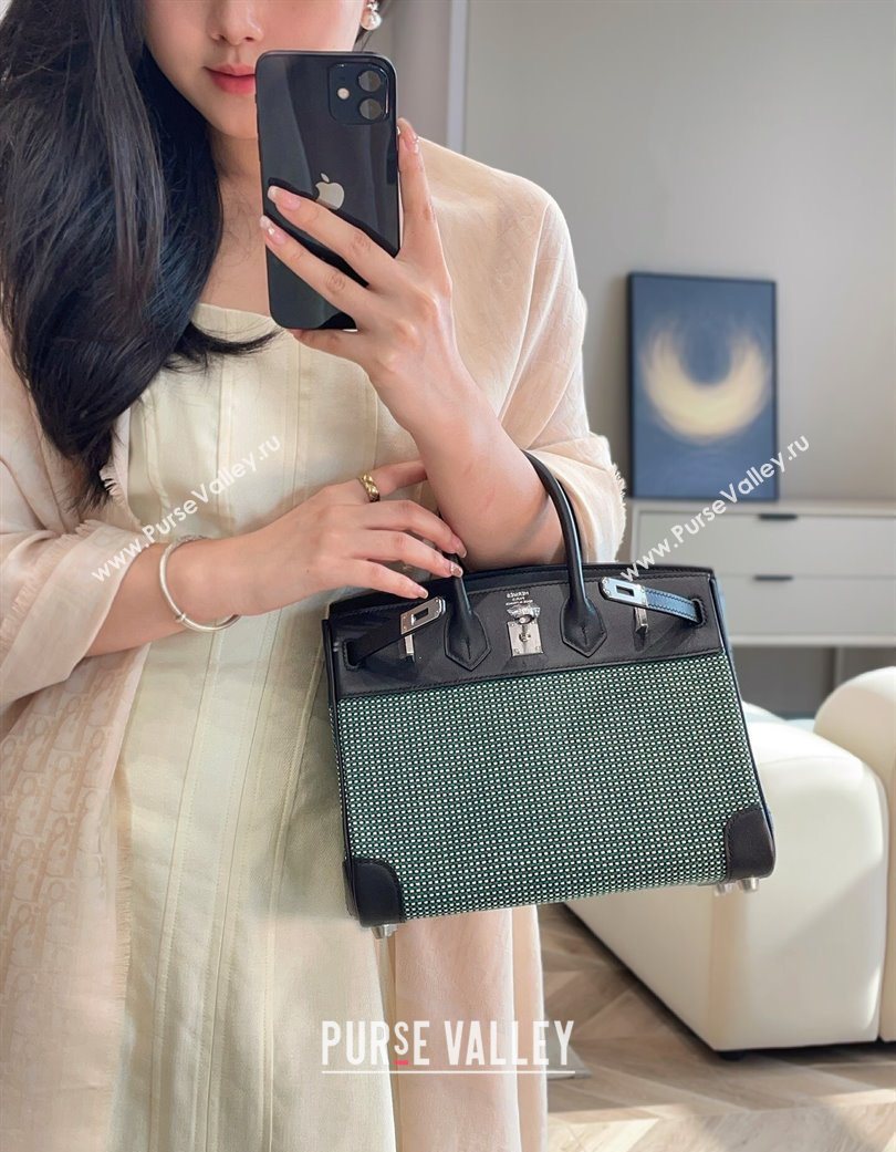 Hermes Birkin 25cm Bag in Waffle Pattern Canvas and Swift Calfskin with Silver Hardware Black/Green 2025 (Half Handmade) (FL-250