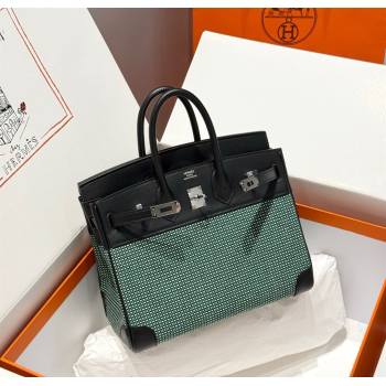 Hermes Birkin 25cm Bag in Waffle Pattern Canvas and Swift Calfskin with Silver Hardware Black/Green 2025 (Half Handmade) (FL-250