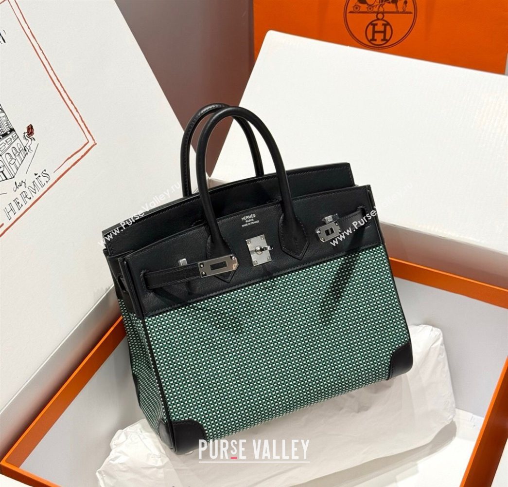 Hermes Birkin 25cm Bag in Waffle Pattern Canvas and Swift Calfskin with Silver Hardware Black/Green 2025 (Half Handmade) (FL-250