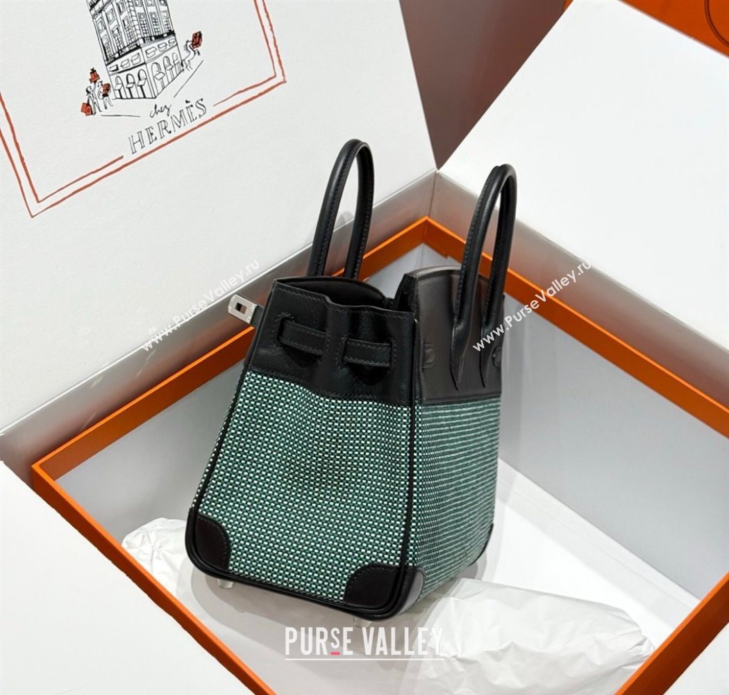 Hermes Birkin 25cm Bag in Waffle Pattern Canvas and Swift Calfskin with Silver Hardware Black/Green 2025 (Half Handmade) (FL-250