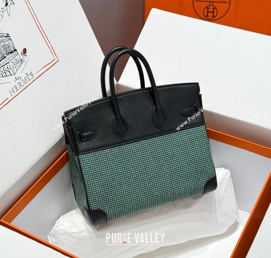 Hermes Birkin 25cm Bag in Waffle Pattern Canvas and Swift Calfskin with Silver Hardware Black/Green 2025 (Half Handmade) (FL-250