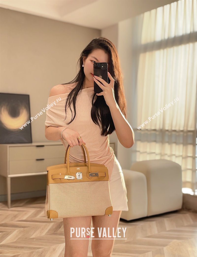 Hermes Birkin 30cm Bag in Waffle Pattern Canvas and Swift Calfskin with Silver Hardware Milk Tea Beige 2025 (Half Handmade) (FL-