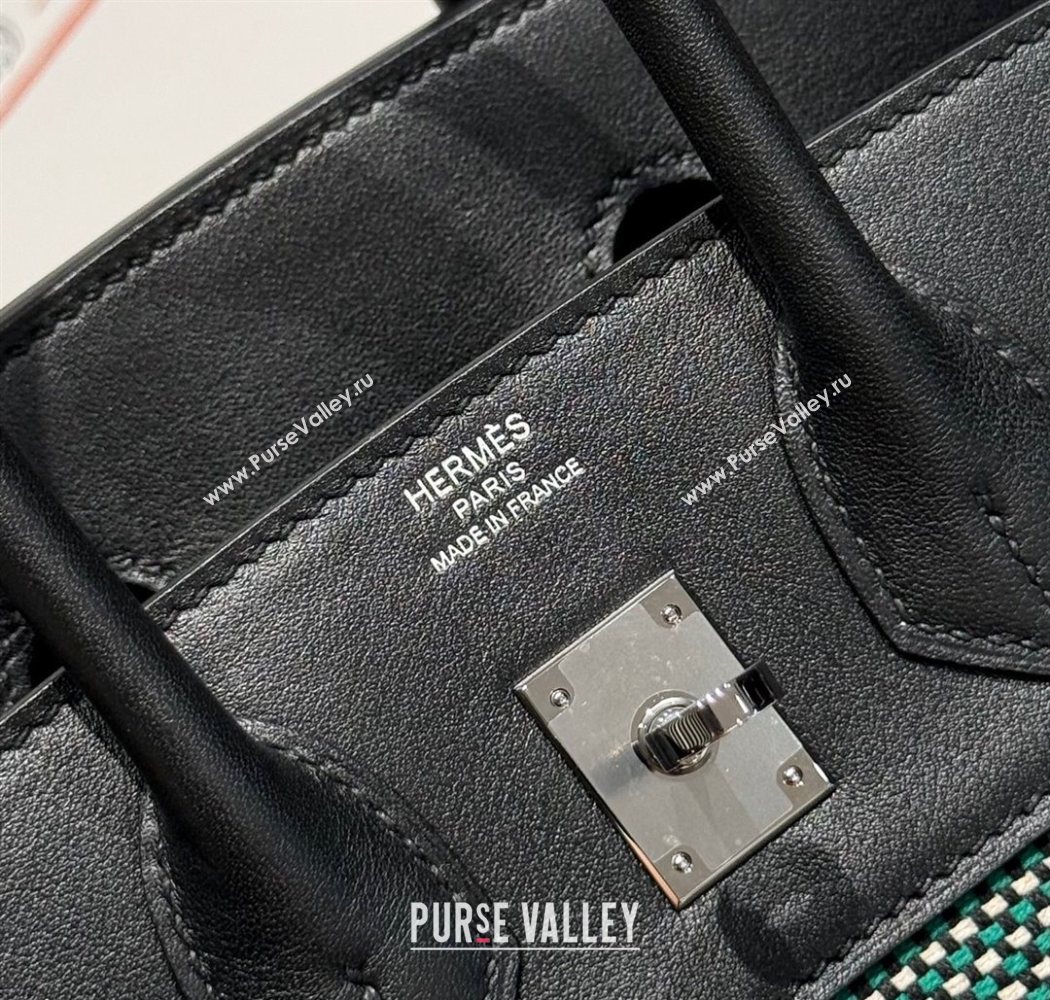 Hermes Birkin 25cm Bag in Waffle Pattern Canvas and Swift Calfskin with Silver Hardware Black/Green 2025 (Half Handmade) (FL-250