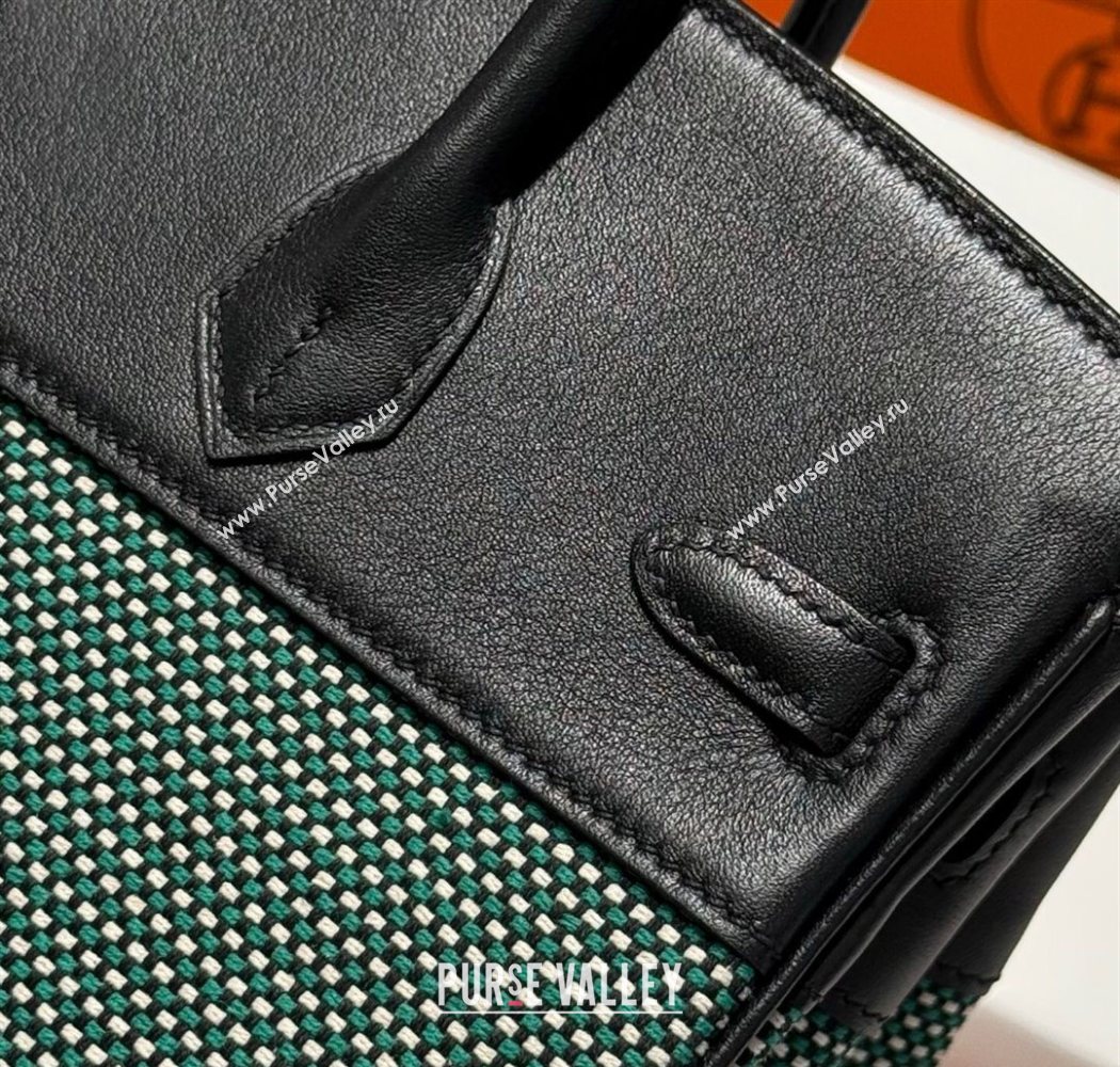 Hermes Birkin 25cm Bag in Waffle Pattern Canvas and Swift Calfskin with Silver Hardware Black/Green 2025 (Half Handmade) (FL-250