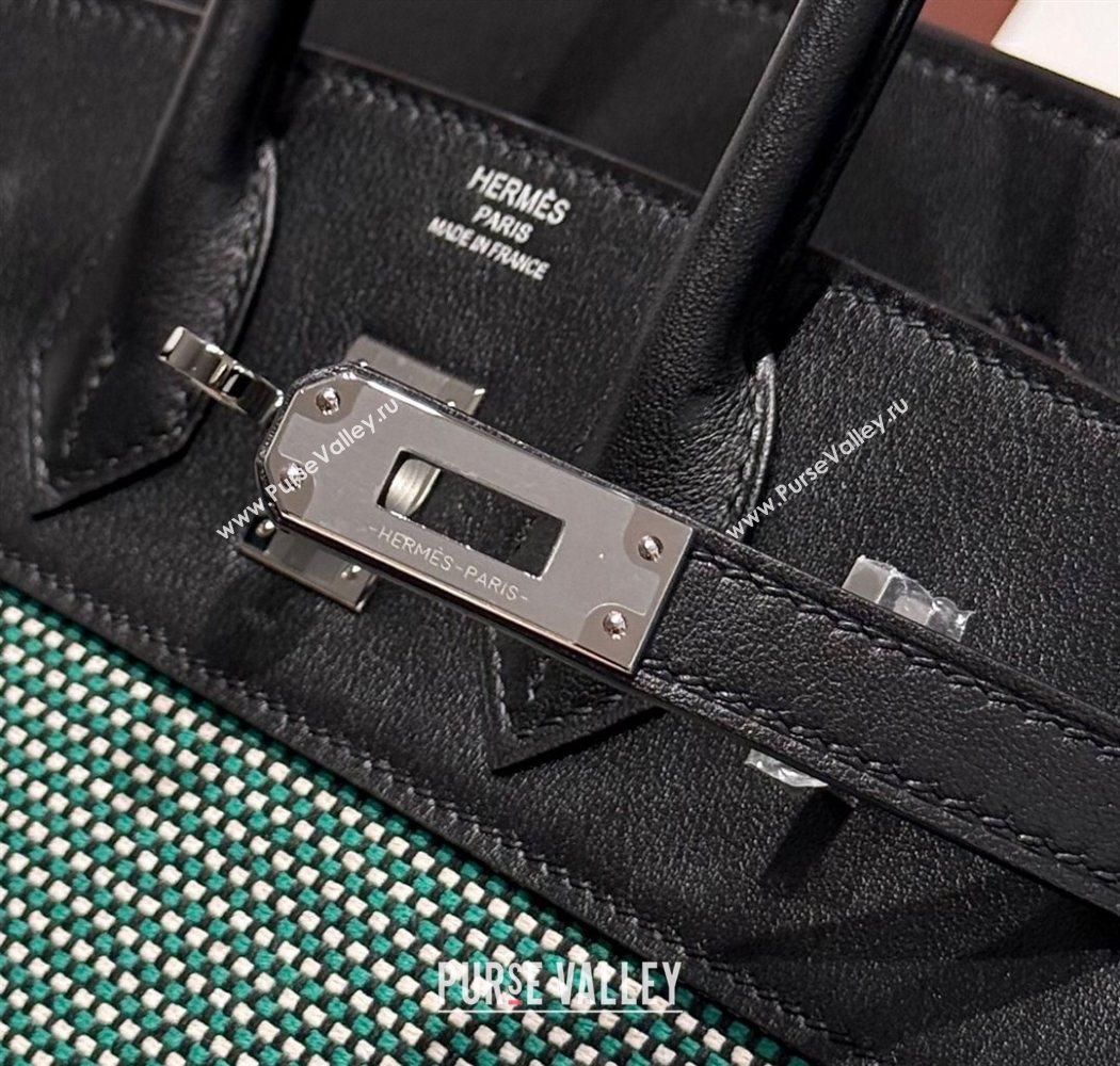 Hermes Birkin 25cm Bag in Waffle Pattern Canvas and Swift Calfskin with Silver Hardware Black/Green 2025 (Half Handmade) (FL-250