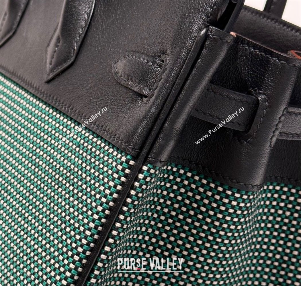 Hermes Birkin 25cm Bag in Waffle Pattern Canvas and Swift Calfskin with Silver Hardware Black/Green 2025 (Half Handmade) (FL-250