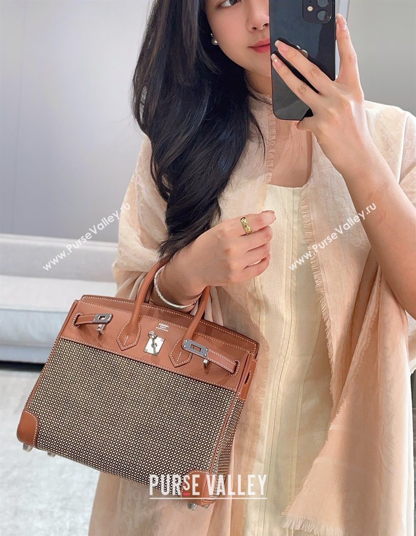 Hermes Birkin 25cm Bag in Waffle Pattern Canvas and Swift Calfskin with Silver Hardware Brown 2025 (Half Handmade) (FL-250701094