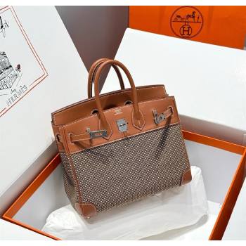 Hermes Birkin 25cm Bag in Waffle Pattern Canvas and Swift Calfskin with Silver Hardware Brown 2025 (Half Handmade) (FL-250701094