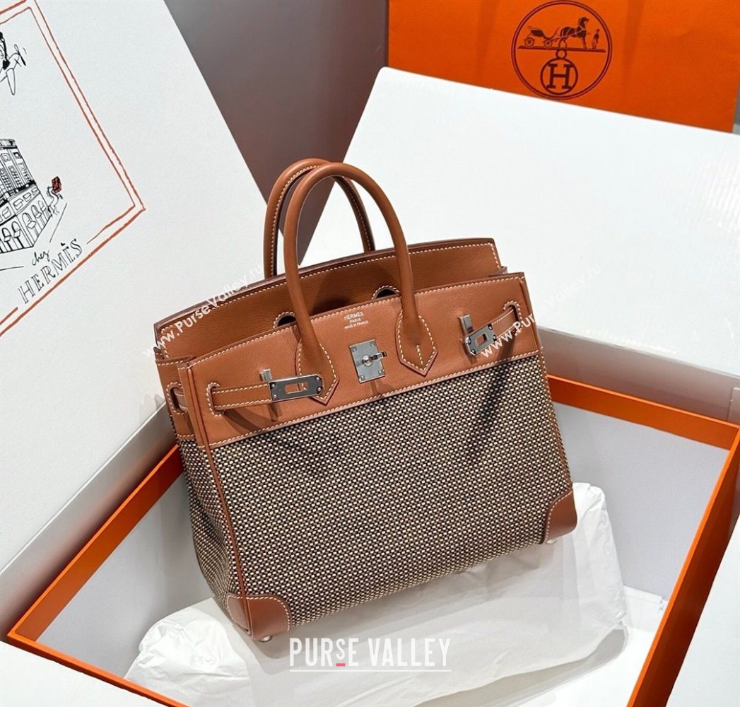 Hermes Birkin 25cm Bag in Waffle Pattern Canvas and Swift Calfskin with Silver Hardware Brown 2025 (Half Handmade) (FL-250701094
