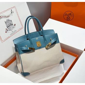 Hermes Birkin 30cm Bag in Canvas and Swift Calfskin with Gold Hardware Denim Blue/Cream White 2025 (Half Handmade) (FL-250701071