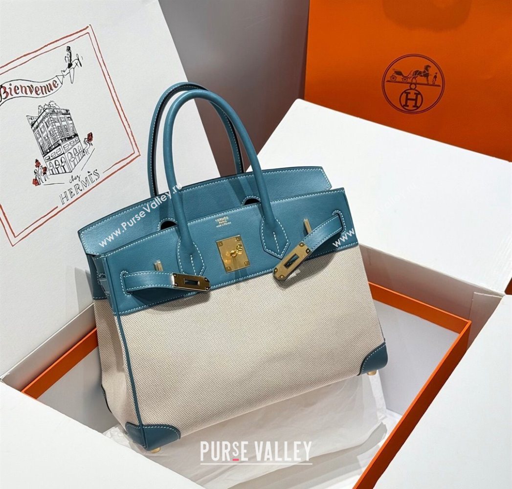 Hermes Birkin 30cm Bag in Canvas and Swift Calfskin with Gold Hardware Denim Blue/Cream White 2025 (Half Handmade) (FL-250701071