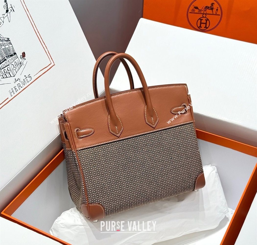 Hermes Birkin 25cm Bag in Waffle Pattern Canvas and Swift Calfskin with Silver Hardware Brown 2025 (Half Handmade) (FL-250701094
