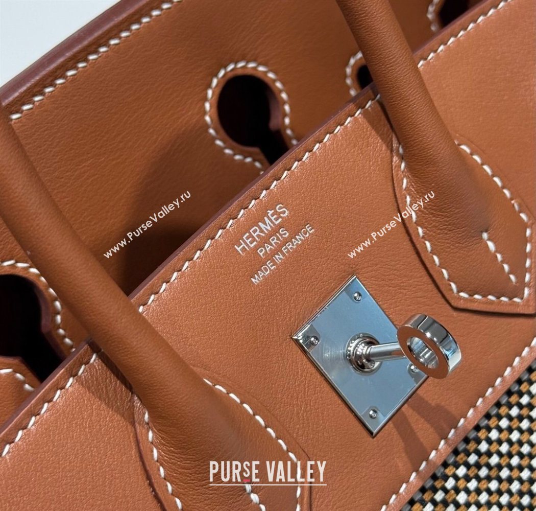 Hermes Birkin 25cm Bag in Waffle Pattern Canvas and Swift Calfskin with Silver Hardware Brown 2025 (Half Handmade) (FL-250701094