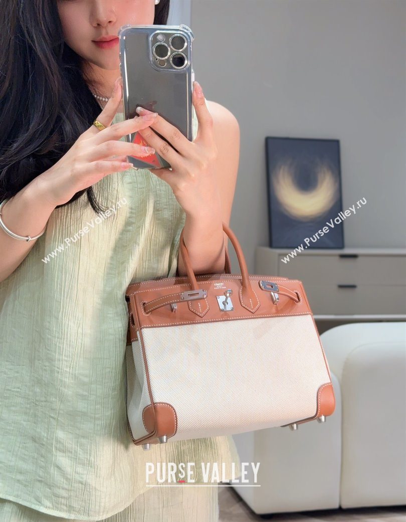Hermes Birkin 25cm Bag in Canvas and Swift Calfskin with Silver Hardware Brown/White 2025 (Half Handmade) (FL-250701095)