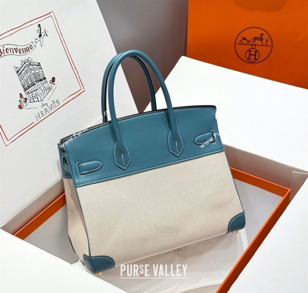 Hermes Birkin 30cm Bag in Canvas and Swift Calfskin with Gold Hardware Denim Blue/Cream White 2025 (Half Handmade) (FL-250701071