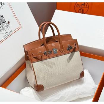 Hermes Birkin 25cm Bag in Canvas and Swift Calfskin with Silver Hardware Brown/White 2025 (Half Handmade) (FL-250701095)