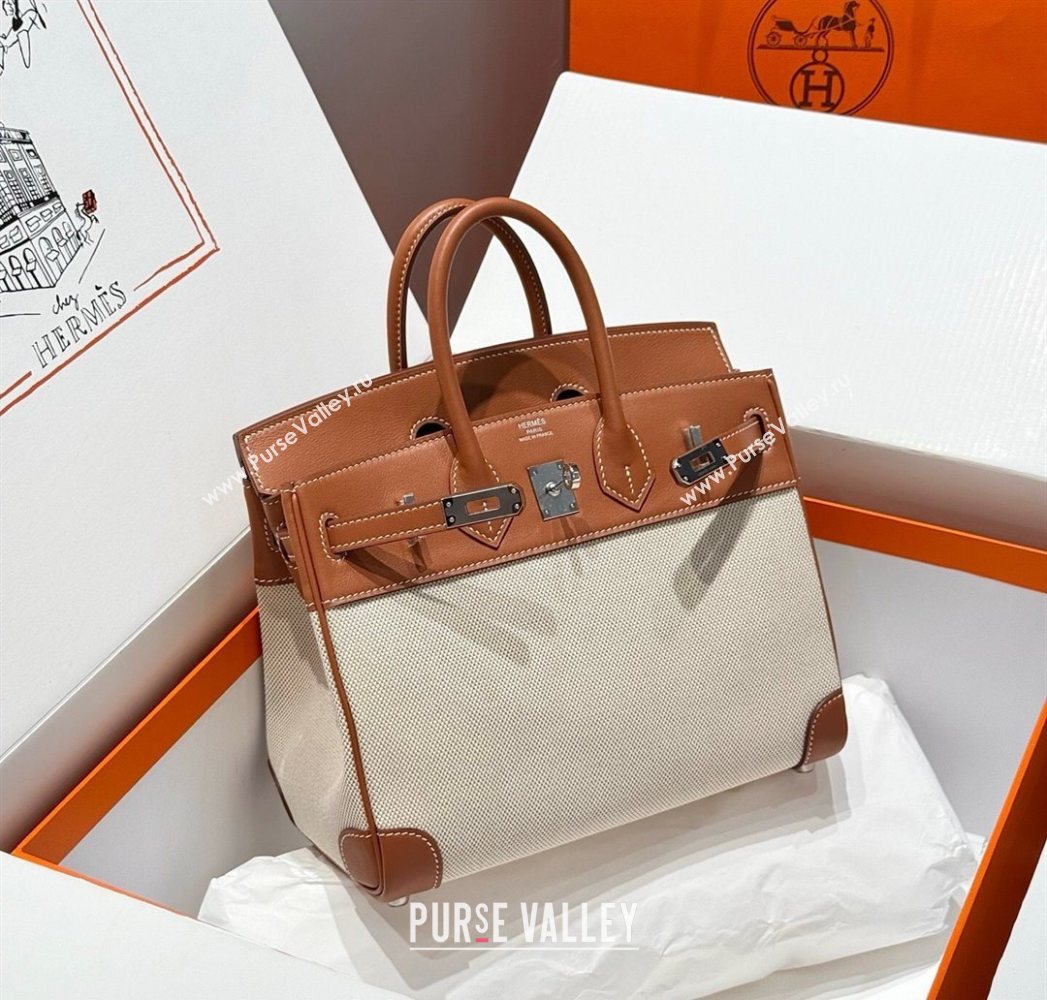 Hermes Birkin 25cm Bag in Canvas and Swift Calfskin with Silver Hardware Brown/White 2025 (Half Handmade) (FL-250701095)