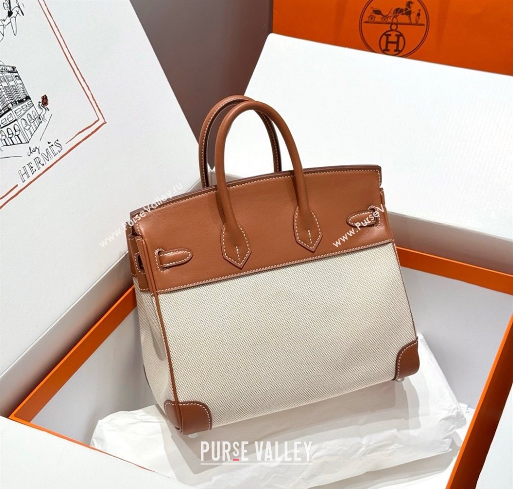 Hermes Birkin 25cm Bag in Canvas and Swift Calfskin with Silver Hardware Brown/White 2025 (Half Handmade) (FL-250701095)
