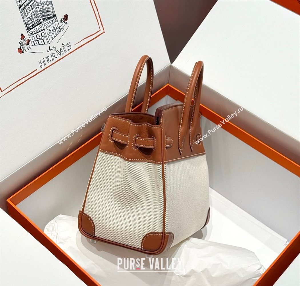 Hermes Birkin 25cm Bag in Canvas and Swift Calfskin with Silver Hardware Brown/White 2025 (Half Handmade) (FL-250701095)