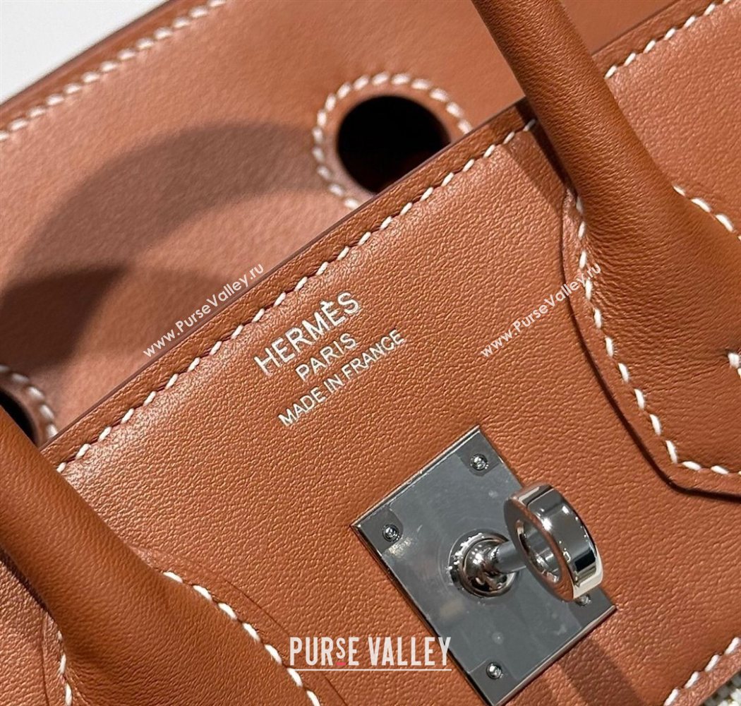 Hermes Birkin 25cm Bag in Canvas and Swift Calfskin with Silver Hardware Brown/White 2025 (Half Handmade) (FL-250701095)