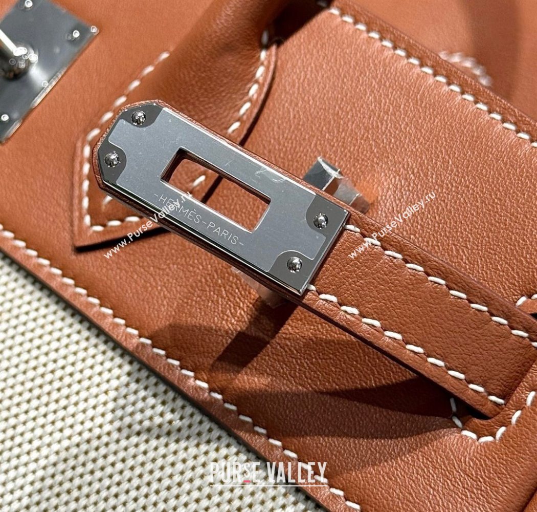Hermes Birkin 25cm Bag in Canvas and Swift Calfskin with Silver Hardware Brown/White 2025 (Half Handmade) (FL-250701095)
