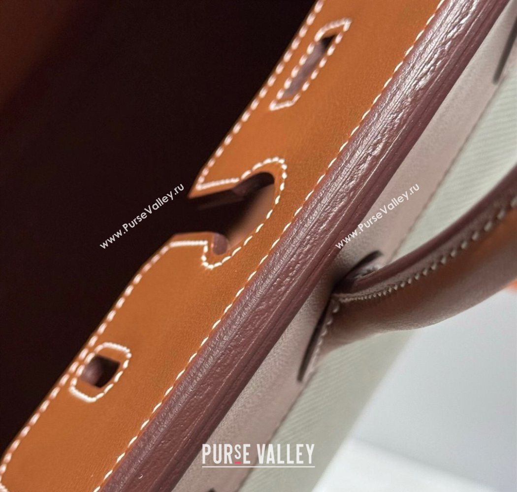 Hermes Birkin 25cm Bag in Canvas and Swift Calfskin with Silver Hardware Brown/White 2025 (Half Handmade) (FL-250701095)