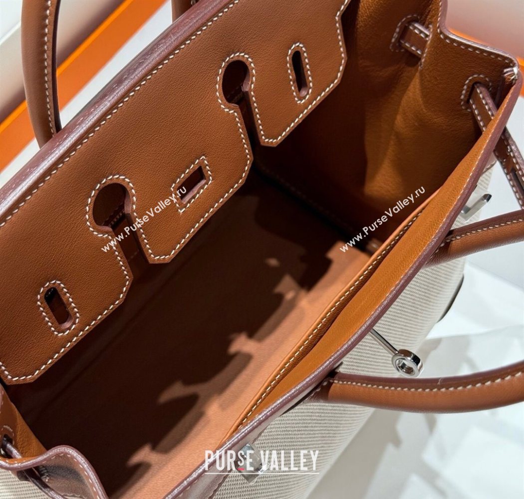 Hermes Birkin 25cm Bag in Canvas and Swift Calfskin with Silver Hardware Brown/White 2025 (Half Handmade) (FL-250701095)