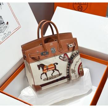 Hermes Birkin 25cm Bag in Printed Canvas and Swift Calfskin with Silver Hardware Brown 2025 (Half Handmade) (FL-250701096)