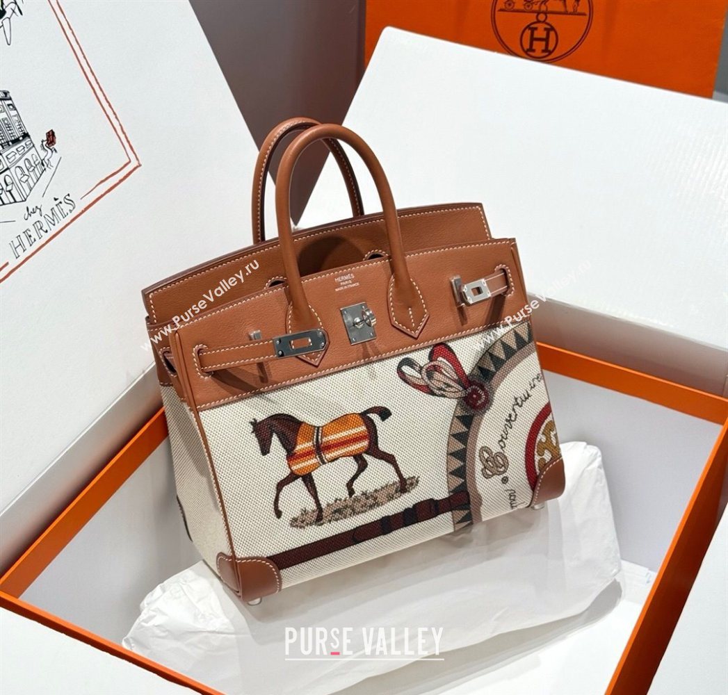 Hermes Birkin 25cm Bag in Printed Canvas and Swift Calfskin with Silver Hardware Brown 2025 (Half Handmade) (FL-250701096)