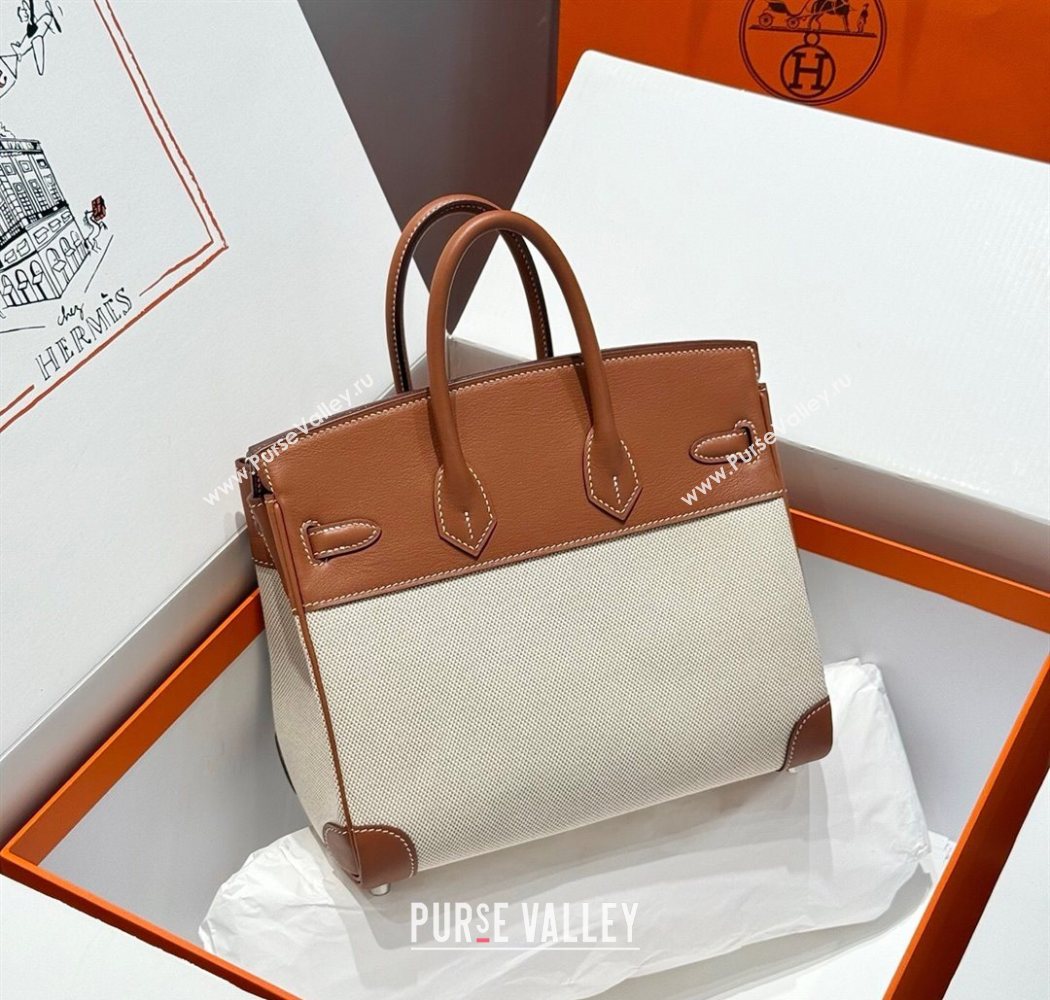 Hermes Birkin 25cm Bag in Printed Canvas and Swift Calfskin with Silver Hardware Brown 2025 (Half Handmade) (FL-250701096)