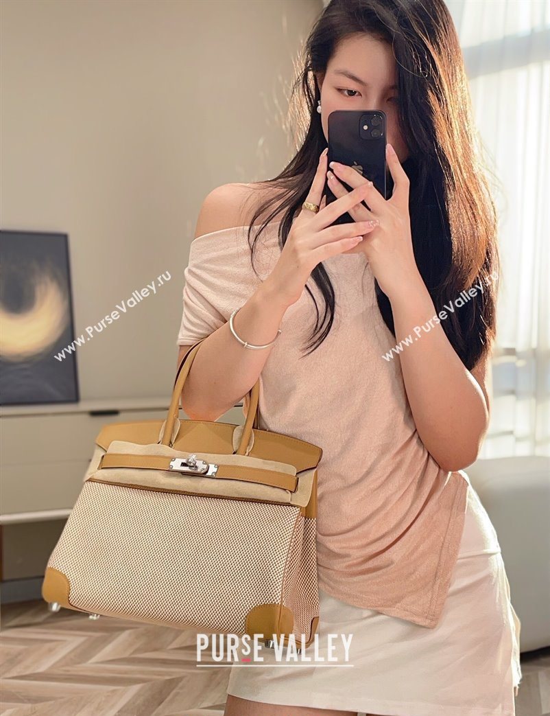 Hermes Birkin 30cm Bag in Waffle Pattern Canvas and Swift Calfskin with Silver Hardware Milk Tea Beige 2025 (Half Handmade) (FL-