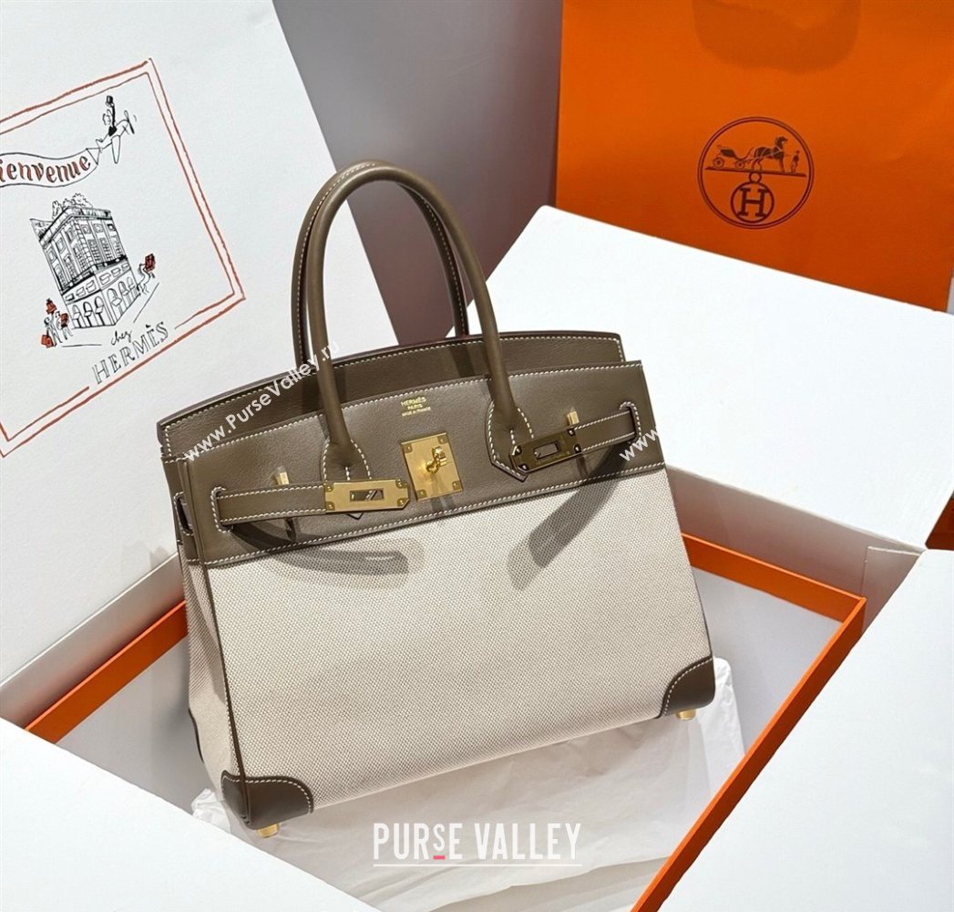 Hermes Birkin 30cm Bag in Canvas and Swift Calfskin with Gold Hardware Elephant Grey 2025 (Half Handmade) (FL-250701072)