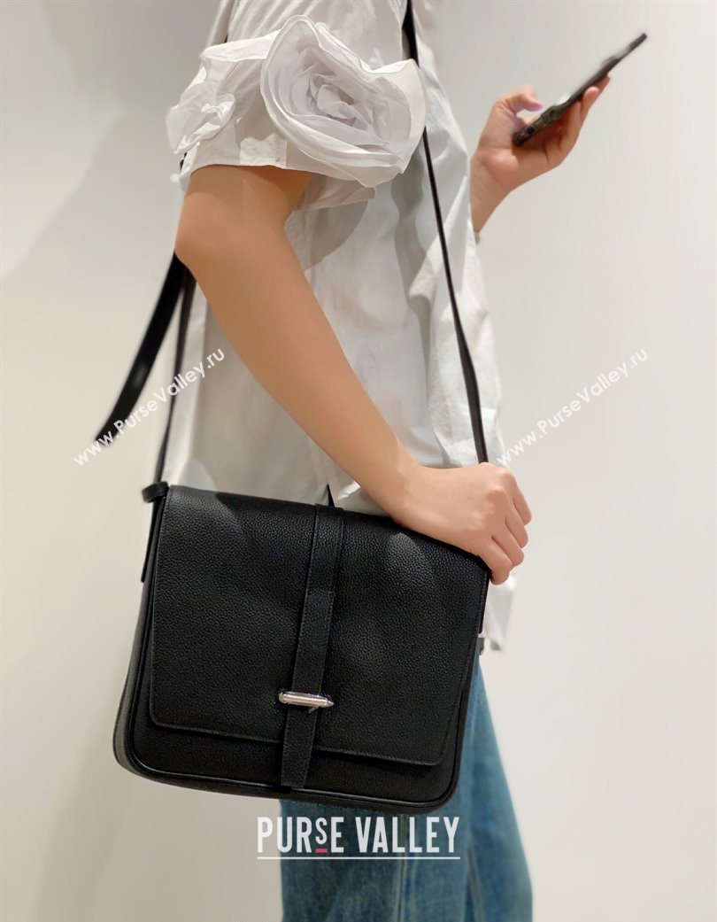 Hermes Steve Light Junior Messenger Bag in Grained Calfskin Black/Silver 2025 (Half Handmade) (FL-250701068)