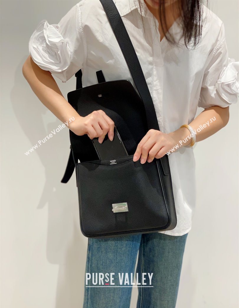 Hermes Steve Light Junior Messenger Bag in Grained Calfskin Black/Silver 2025 (Half Handmade) (FL-250701068)