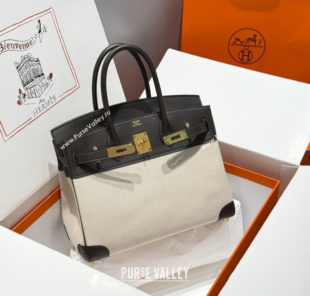 Hermes Birkin 30cm Bag in Canvas and Swift Calfskin with Gold Hardware Ebony 2025 (Half Handmade) (FL-250701073)