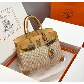 Hermes Birkin 30cm Bag in Waffle Pattern Canvas and Swift Calfskin with Silver Hardware Milk Tea Beige 2025 (Half Handmade) (FL-