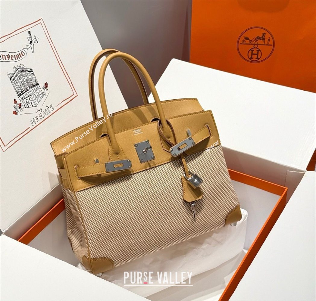 Hermes Birkin 30cm Bag in Waffle Pattern Canvas and Swift Calfskin with Silver Hardware Milk Tea Beige 2025 (Half Handmade) (FL-