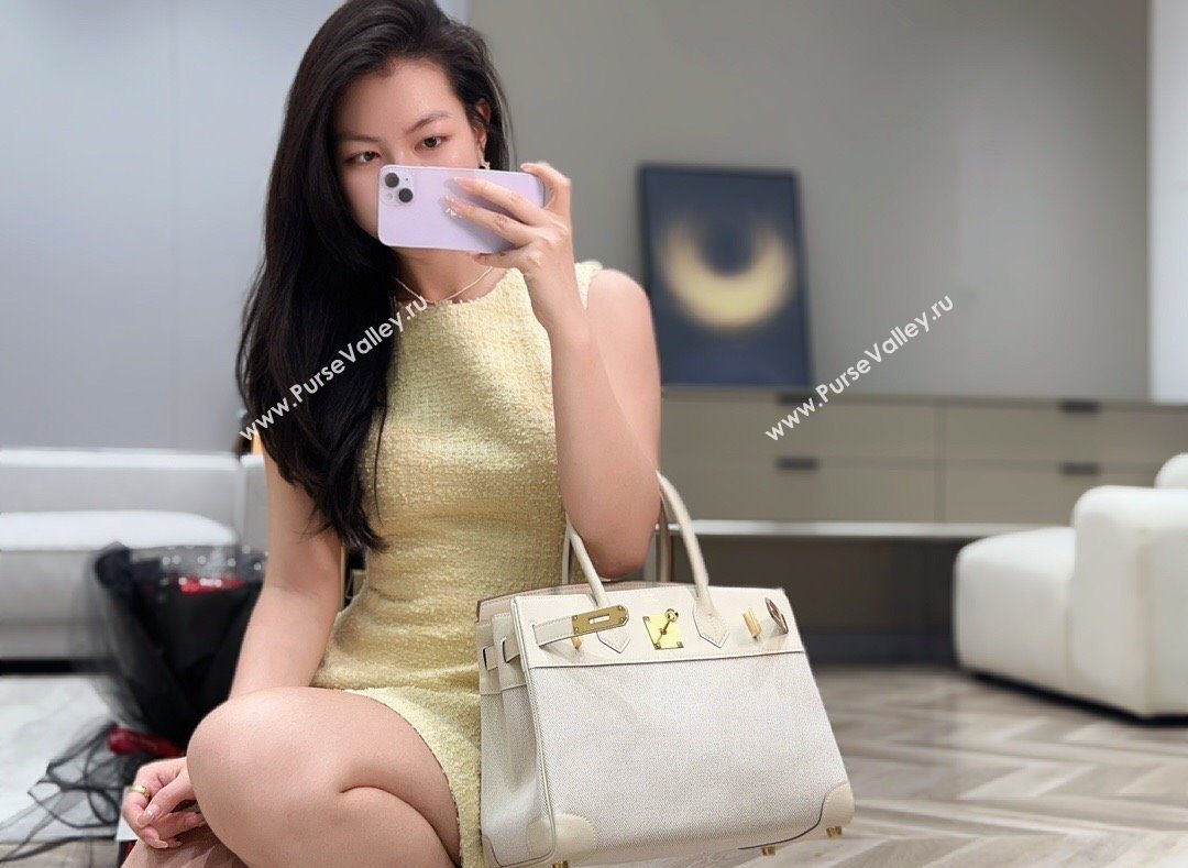 Hermes Birkin 30cm Bag in Canvas and Swift Calfskin with Gold Hardware Milk Shake White 2025 (Half Handmade) (FL-250701074)