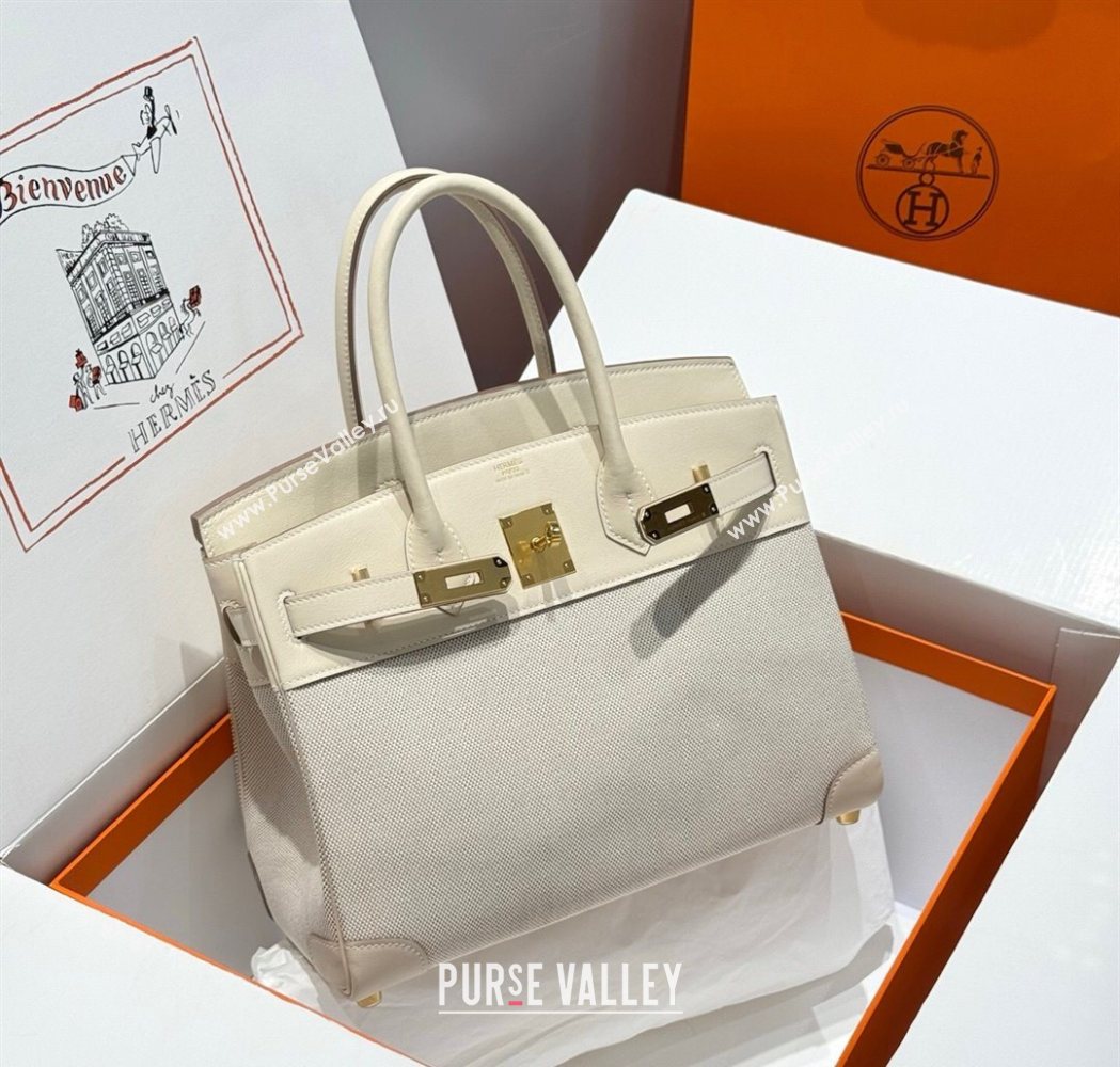 Hermes Birkin 30cm Bag in Canvas and Swift Calfskin with Gold Hardware Milk Shake White 2025 (Half Handmade) (FL-250701074)
