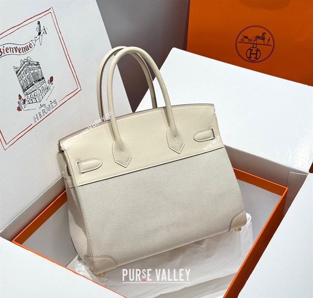 Hermes Birkin 30cm Bag in Canvas and Swift Calfskin with Gold Hardware Milk Shake White 2025 (Half Handmade) (FL-250701074)