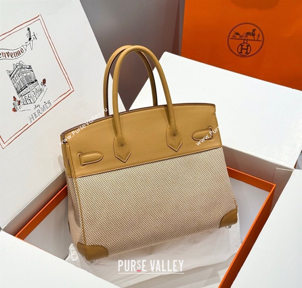 Hermes Birkin 30cm Bag in Waffle Pattern Canvas and Swift Calfskin with Silver Hardware Milk Tea Beige 2025 (Half Handmade) (FL-