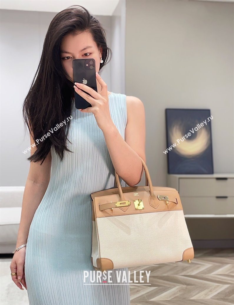 Hermes Birkin 30cm Bag in Canvas and Swift Calfskin with Gold Hardware Milk Tea Beige 2025 (Half Handmade) (FL-250701075)