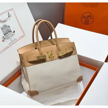 Hermes Birkin 30cm Bag in Canvas and Swift Calfskin with Gold Hardware Milk Tea Beige 2025 (Half Handmade) (FL-250701075)