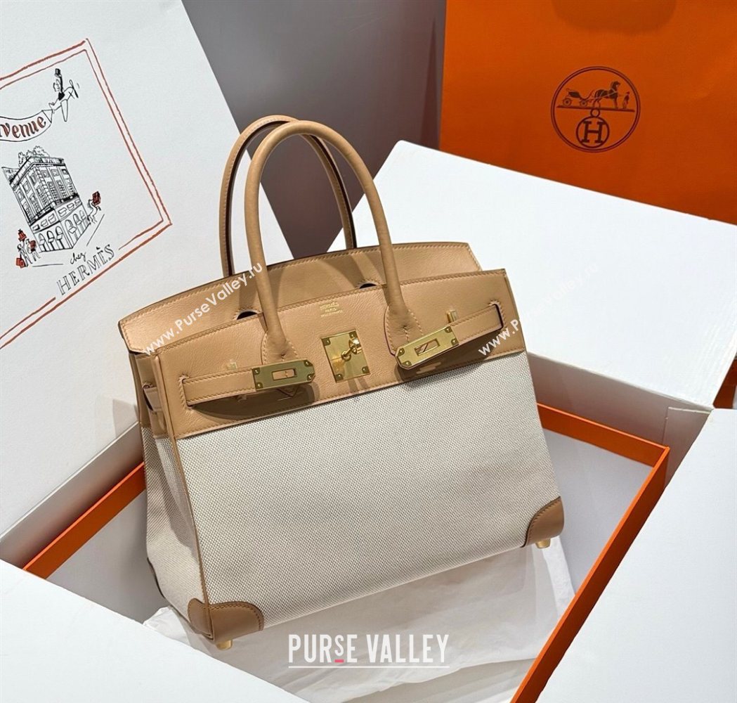 Hermes Birkin 30cm Bag in Canvas and Swift Calfskin with Gold Hardware Milk Tea Beige 2025 (Half Handmade) (FL-250701075)